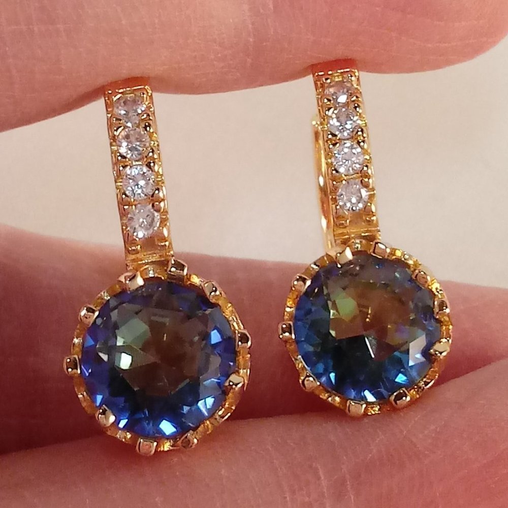18K Yellow Gold Filled Blue Mystical Diamond Zircon Dangle Earrings 2.75ctw Gift